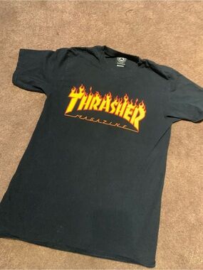 Thrasher Black Tee with Orange-Yellow Flame Logo